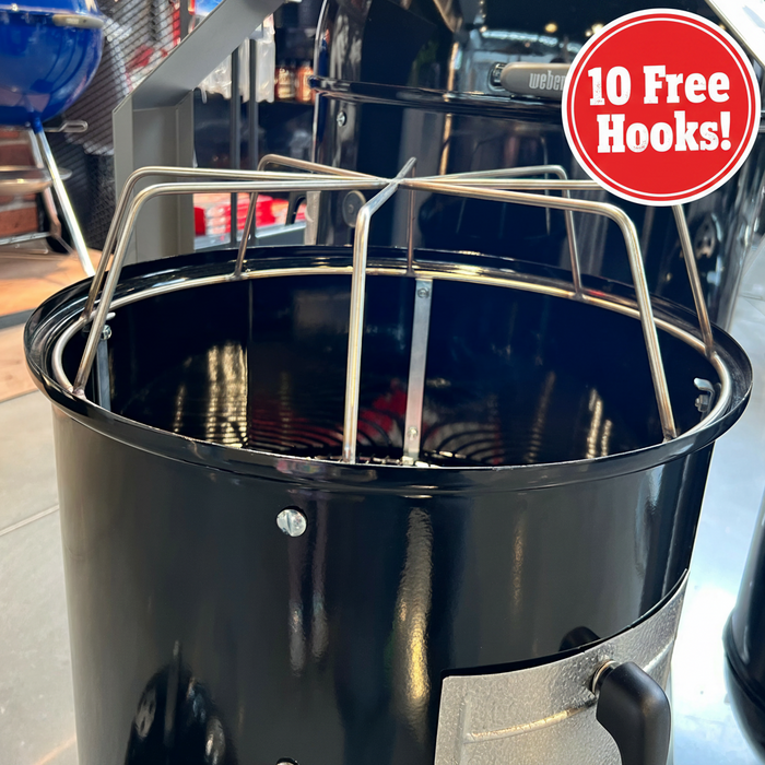 LD Fabrication rib hanger installed in 47cm Weber Smokey Mountain – heavy-duty alternative to Lava Lock rib hanger