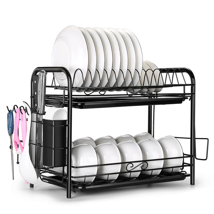 2 Tier Dish Drying Rack Large Cutlery Holder Free Standing Shelf Drainer Storage
