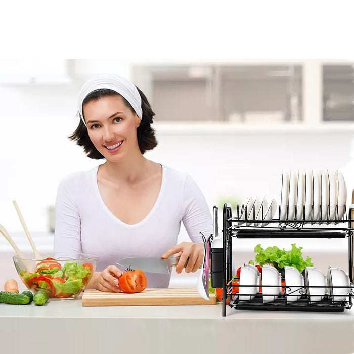2 Tier Dish Drying Rack Large Cutlery Holder Free Standing Shelf Drainer Storage