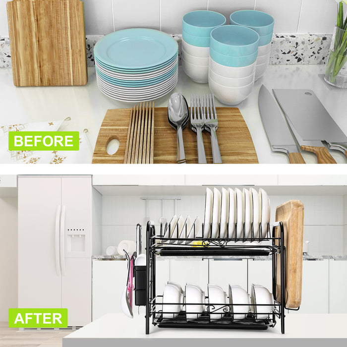 2 Tier Dish Drying Rack Large Cutlery Holder Free Standing Shelf Drainer Storage