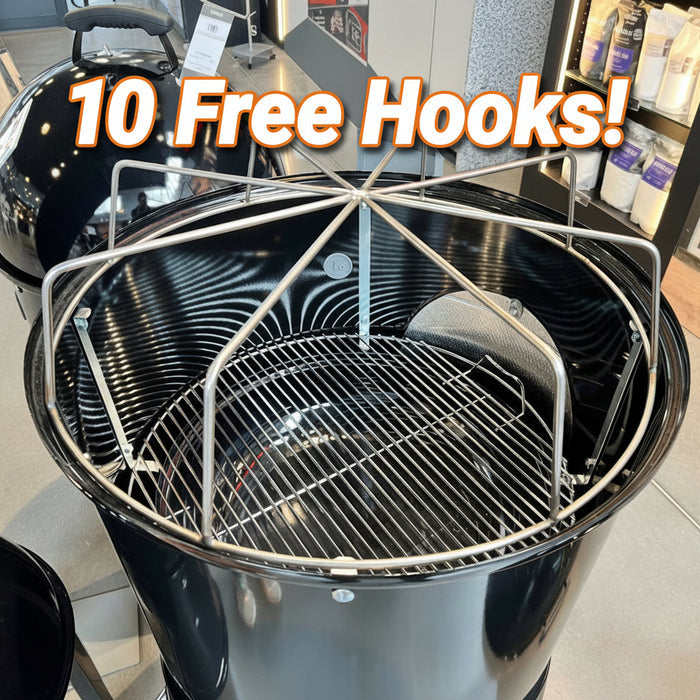 LD Fabrication rib hanger installed in 57cm Weber Smokey Mountain – heavy-duty alternative to Lava Lock rib hanger