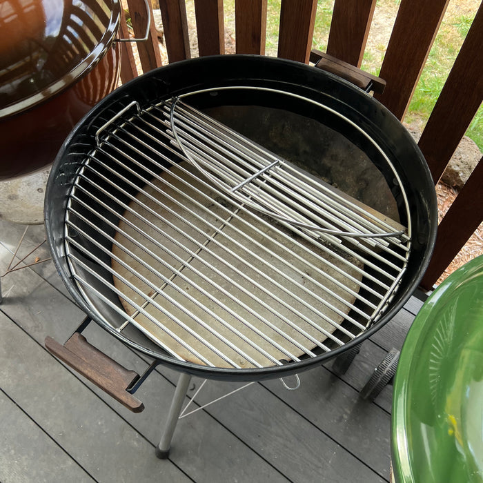 Stainless steel Weber kettle grill grate with hinged flap open, fitted to 57cm Weber kettle – Hunsaker Grill alternative Australia