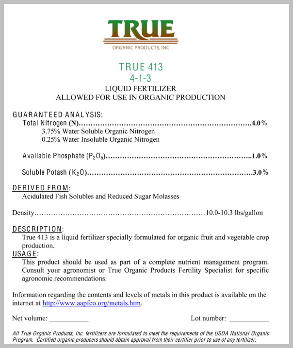 413 True Organic Liquid Sold Per Gallon
