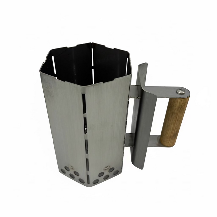Mini stainless steel charcoal chimney starter with Tasmanian Oak handle – heavy duty 304 stainless, 1kg capacity