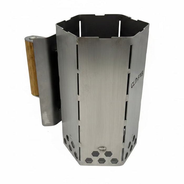 Mini stainless steel charcoal chimney starter with Tasmanian Oak handle – heavy duty 304 stainless, 1kg capacity