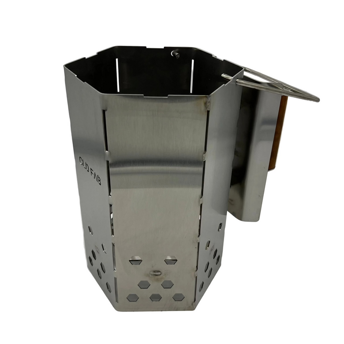 CLD Fabrication heavy duty 304 stainless steel charcoal chimney starter – side profile showing Tasmanian Oak handle