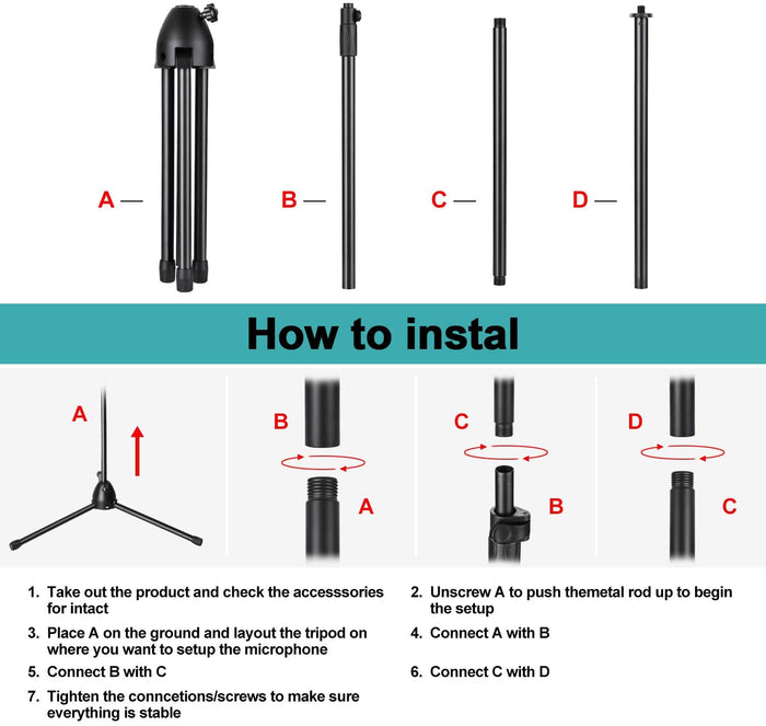AGPtEK Condenser Microphone Stand with Non-Slip Feet, Adjustable Height & Foldable Design, 33.46-68.9 inches