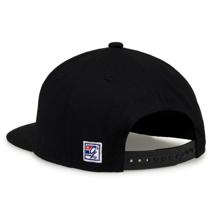Army Retro Bar snapback hat in black, rear view showing the adjustable snap closure