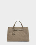 The Rudsak ASMINE - L325005 Almond tote showcases quilted taupe leather, two sturdy handles, and a chic hanging tag, elegantly presented against a plain white background.