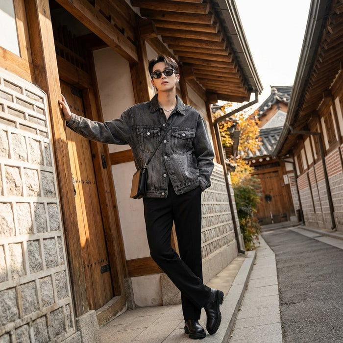 Veste oversize noire style rétro - Mode coréenne unisexe Koreanxwear