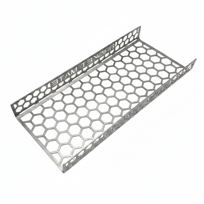 CLD Fabrication Brisket Mate Long Brisket Caddy – angled view showing honeycomb perforated base and raised side walls for brisket support
