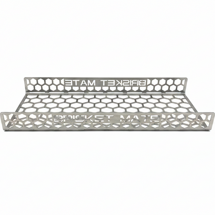 CLD Fabrication Brisket Mate Long Brisket Caddy – front view showing full-length honeycomb perforated stainless steel tray with raised end panels