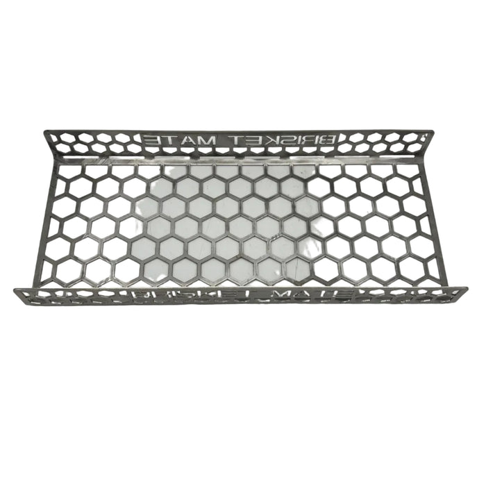 CLD Fabrication Brisket Mate Long Brisket Caddy – top-down view showing honeycomb perforated base and laser-cut Brisket Mate branding on side rails