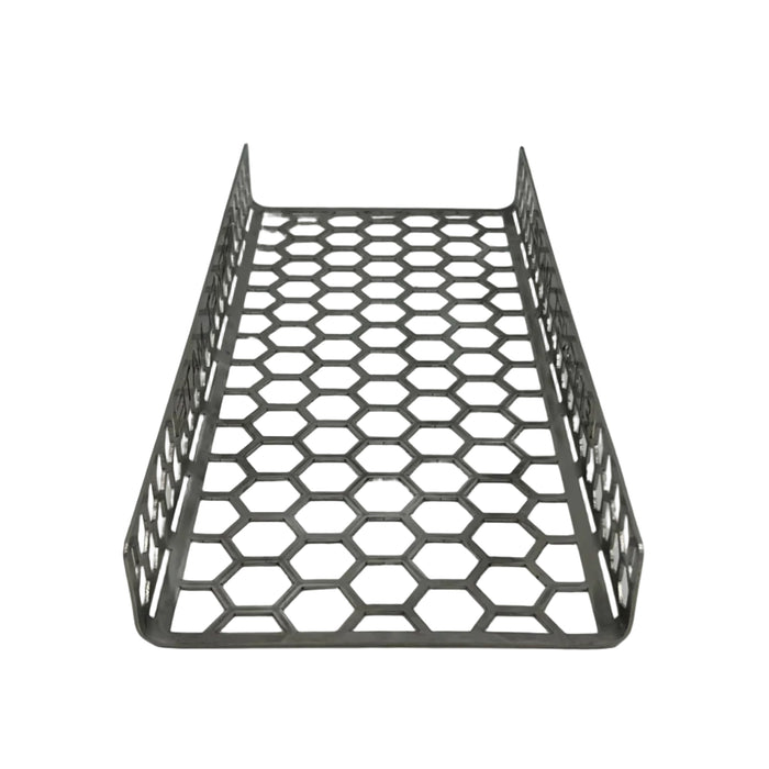 CLD Fabrication Brisket Mate Long Brisket Caddy – top-down view showing honeycomb perforated base and laser-cut Brisket Mate branding on side rails