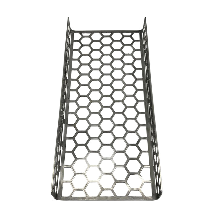 CLD Fabrication Brisket Mate Long Brisket Caddy – mild steel version, top-down view showing full-length honeycomb perforated tray and raised side panels