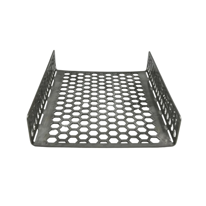 Brisket Mate Short Brisket Caddy – low angle front view showing perforated hexagonal stainless steel base and folded side supports
