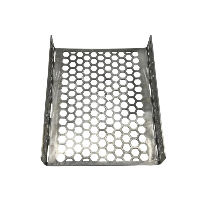 Brisket Mate Short Brisket Caddy – overhead view of perforated stainless steel hexagonal mesh base with raised side walls