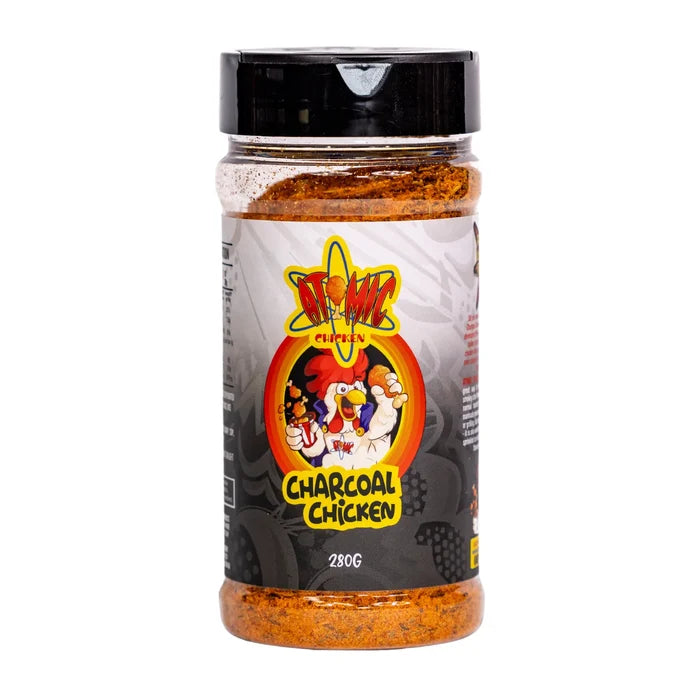 Atomic Chicken Charcoal Chicken rub container with white background showing the front of the label