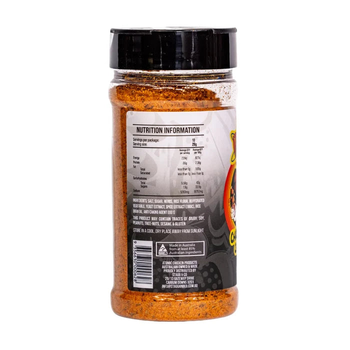 Atomic Chicken Chicken Salt rub container with white background showing the ingredients of the label