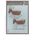 Pack of two brown hand painted wooden reindeer buttons on a white background with a fence design at the bottom.