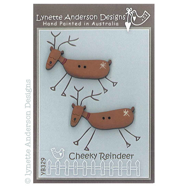 Pack of two brown hand painted wooden reindeer buttons on a white background with a fence design at the bottom.