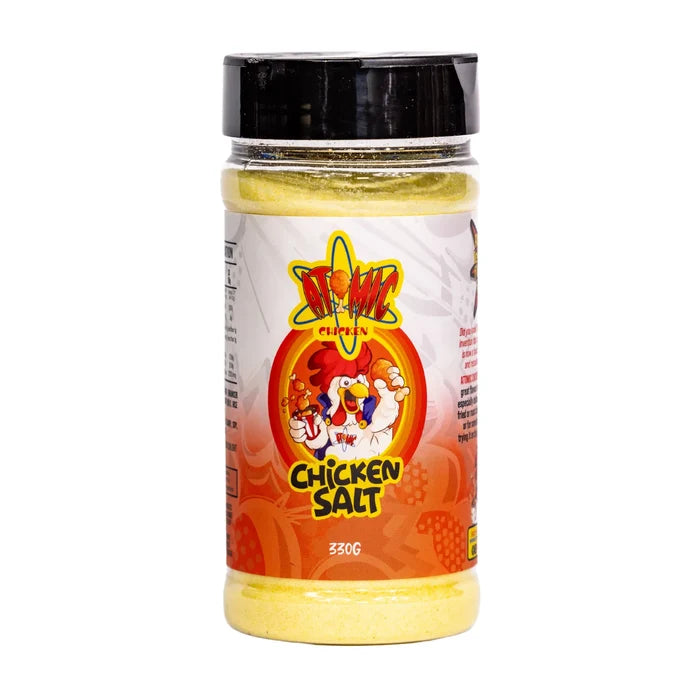Atomic Chicken Chicken Salt rub container with white background showing the front of the label