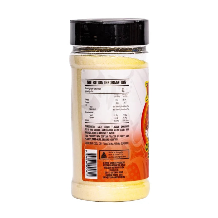 Atomic Chicken Chicken Salt rub container with white background showing the ingredients section of the label