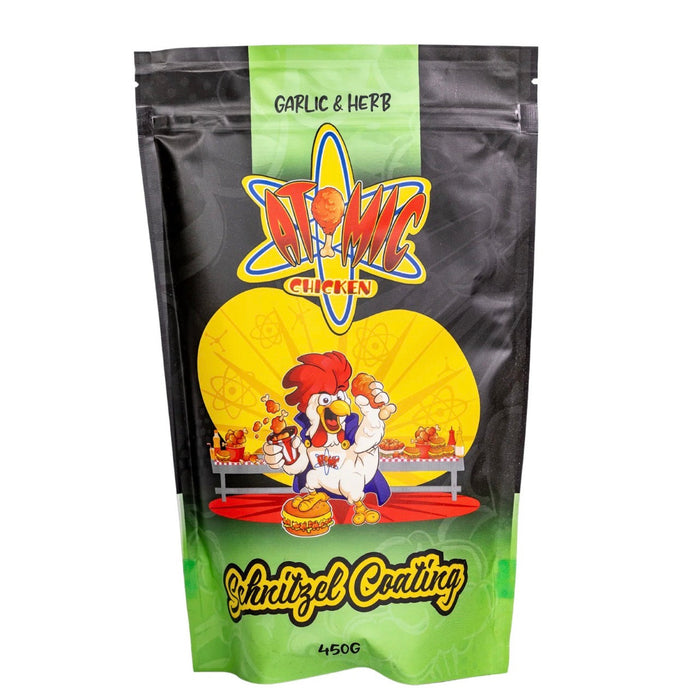 Bag of Atomic Chicken Schnitzel Coating with colorful label on a white background