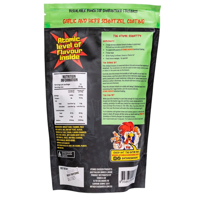 Back view of a food packaging with branding and nutritional information on a white background