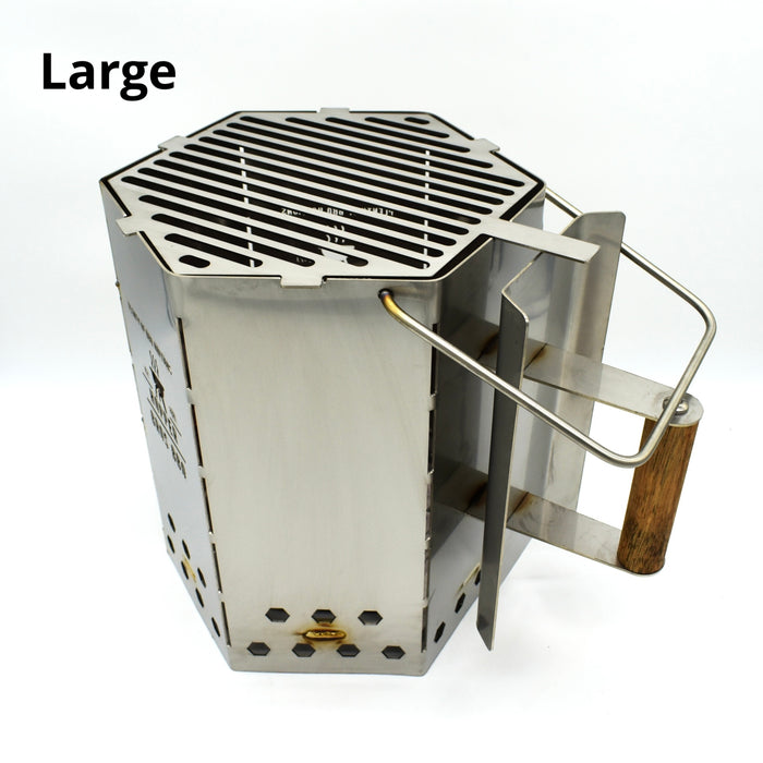 Large grill top shown fitting to a large stainless steel Chimney