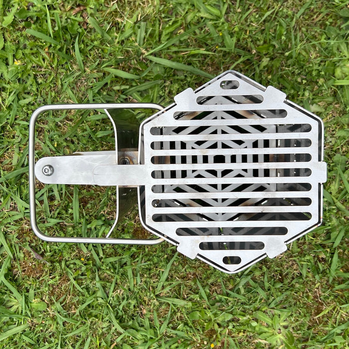 top view of the grill on the chimney starter, used for grilling food direct over lit charcoal