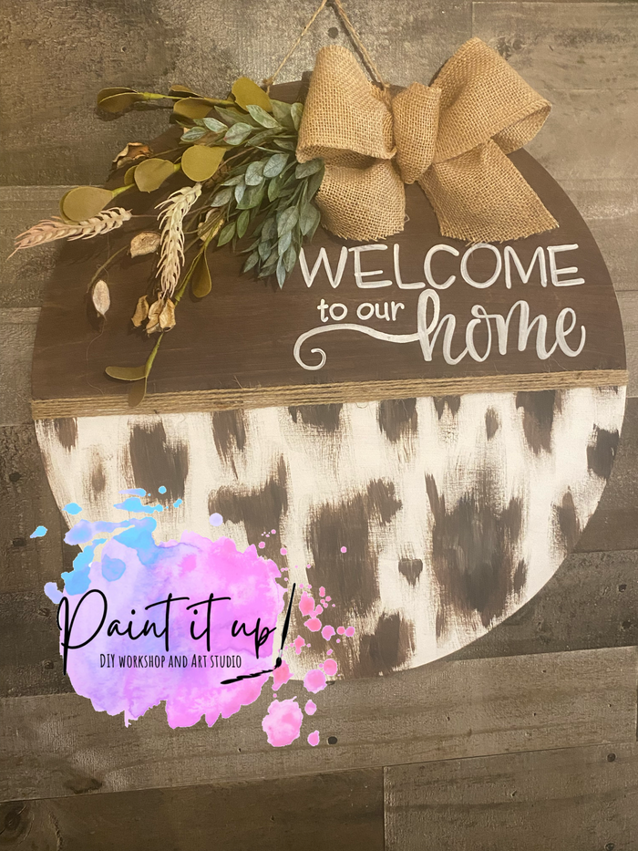 Cow Print Welcome Round Wooden Door Hanger