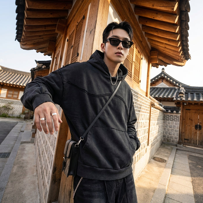 Sweat à capuche oversize noir déstructuré - Koreanxwear