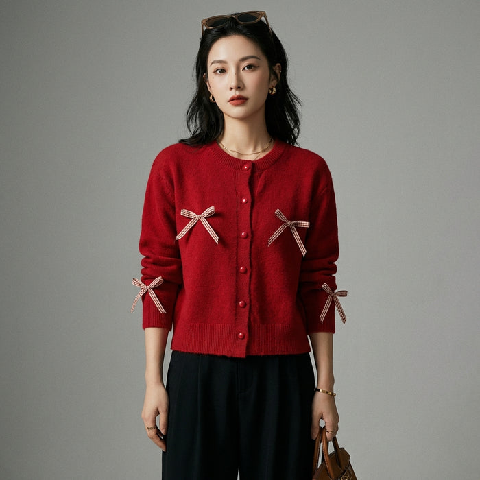 Cardigan tricoté avec nœud et boutons, style K-fashion doux et élégant. Koreanxwear. - Taille One Size