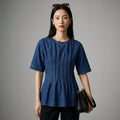 Chemisier denim cintré manches courtes col rond - Koreanxwear - Taille XS