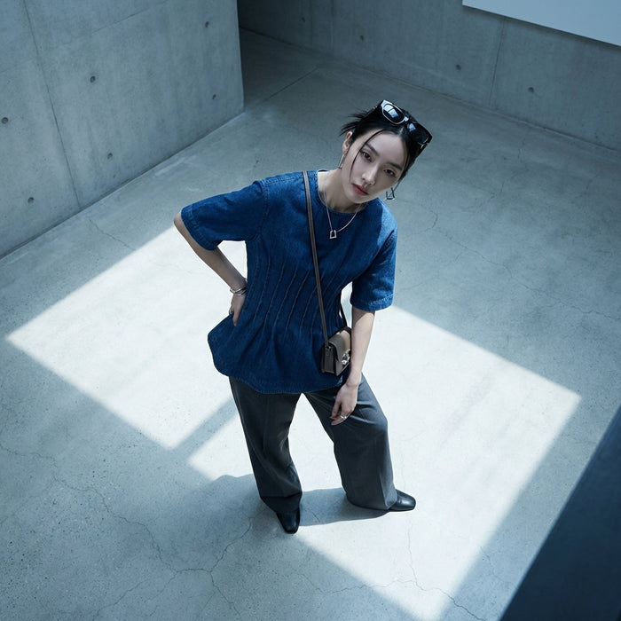 Chemisier denim cintré manches courtes col rond - Koreanxwear