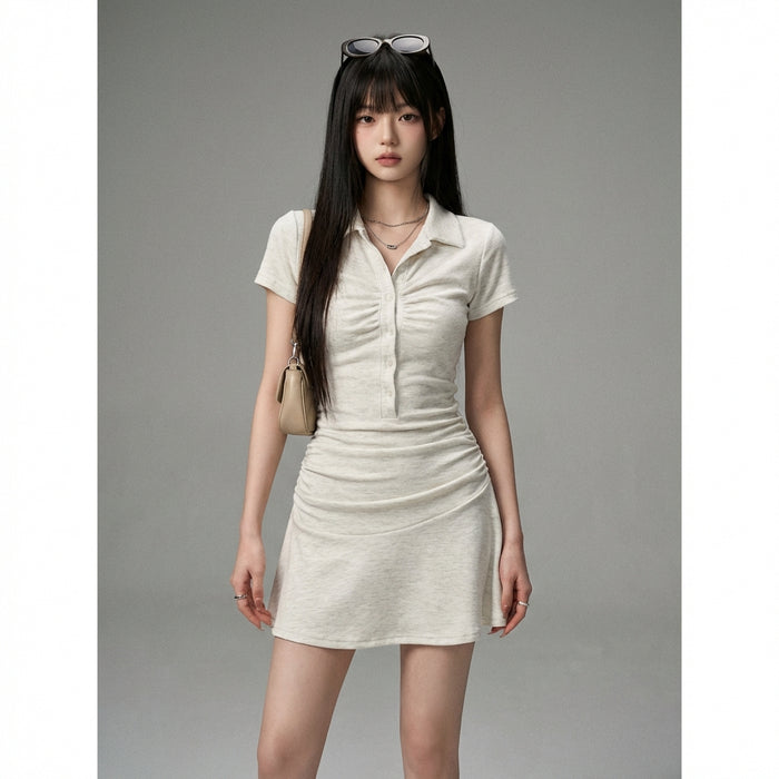Robe courte ajustée col V bleu ou écru - K-fashion femme - Taille S