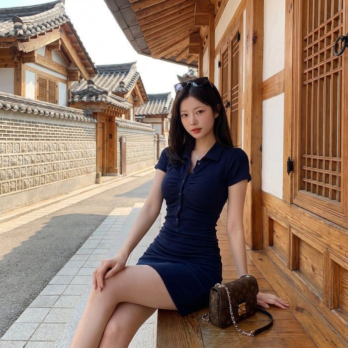 Robe courte ajustée col V bleu ou écru - K-fashion femme