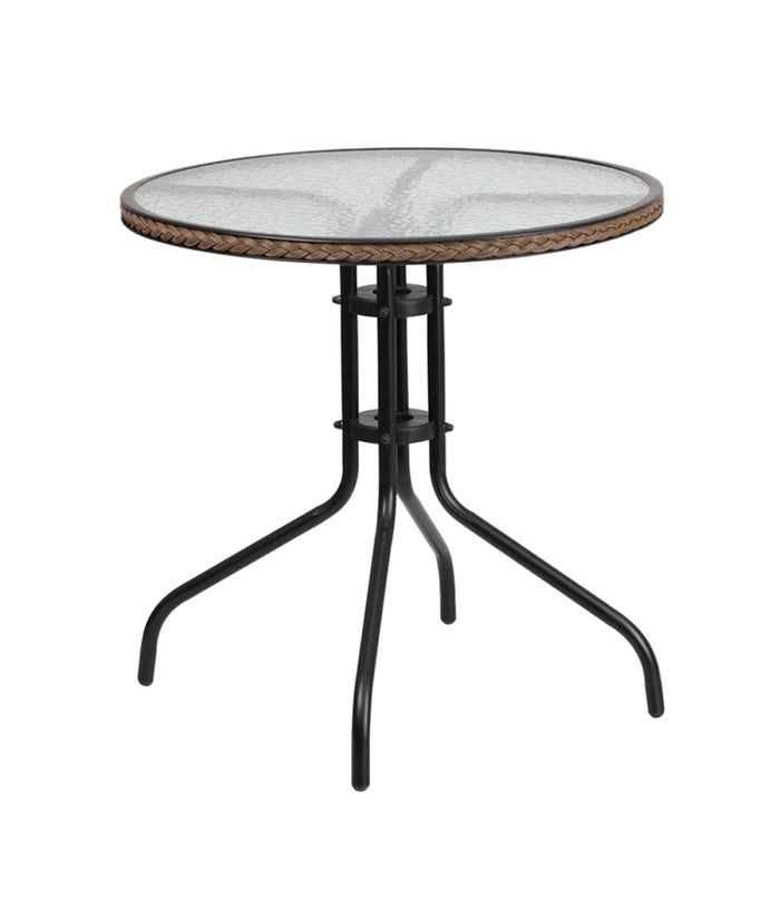 Flash Furniture 28'' Round Tempered Glass Metal Table with Dark Brown Rattan Edging