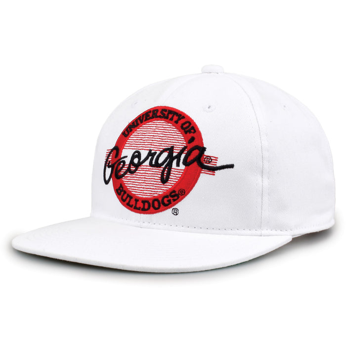 Georgia Retro Circle snapback hat in white, angled view