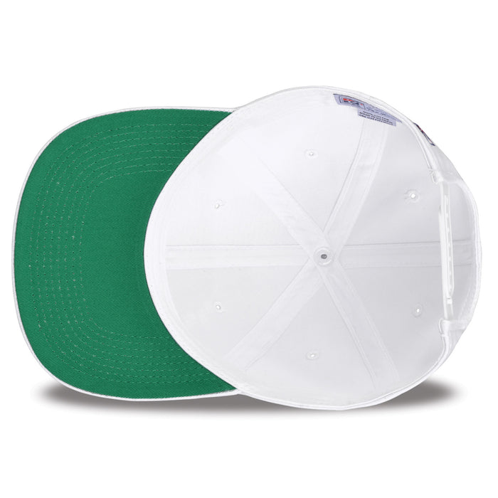 Georgia Retro Circle snapback hat in white, interior view showing the green undervisor