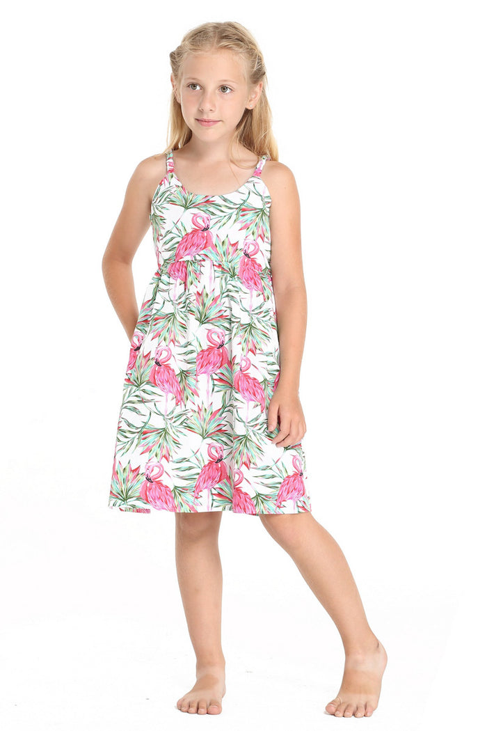 Girl Classic Empire Dress with Elastic Strap in Flamingo In Love