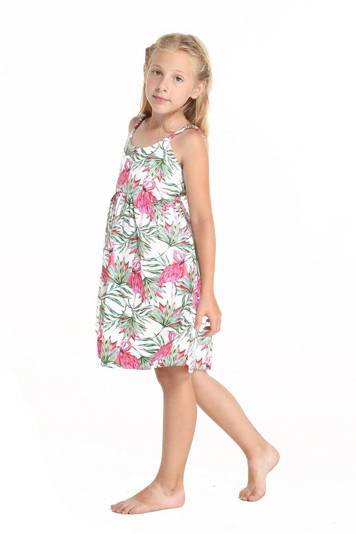 Girl Classic Empire Dress with Elastic Strap in Flamingo In Love