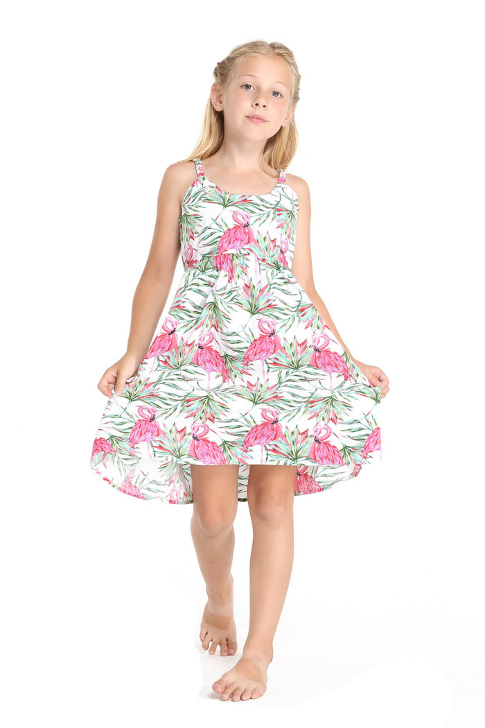 Girl Classic Empire Dress with Elastic Strap in Flamingo In Love