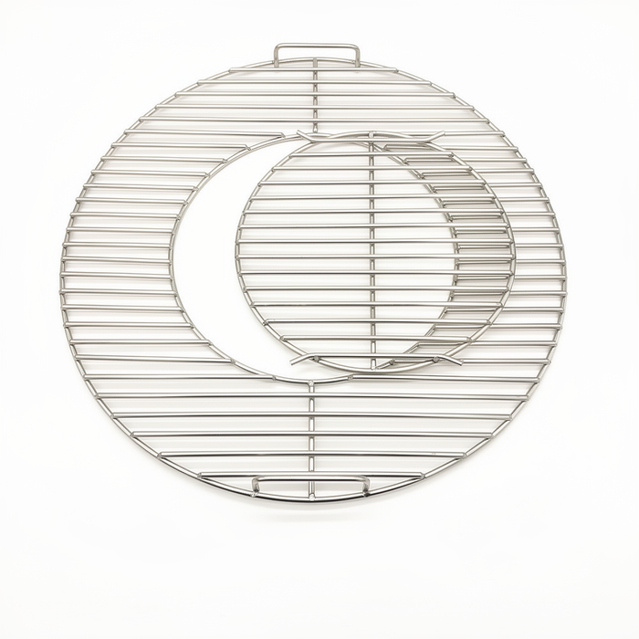 Hand-welded 6mm stainless steel rod construction on 57cm Weber kettle replacement grill grate – Hunsaker and HexGrate alternative