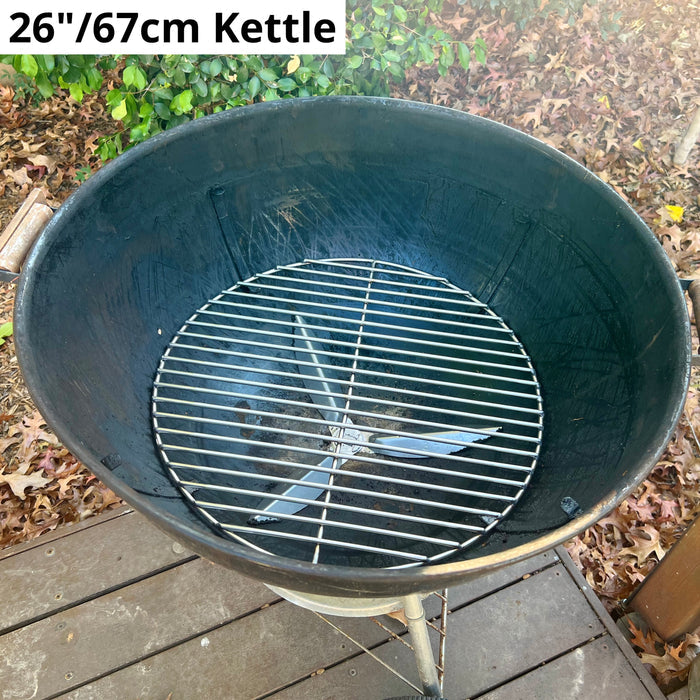 67cm charcoal grate fitted to a blue weber kettle sitting on a deck