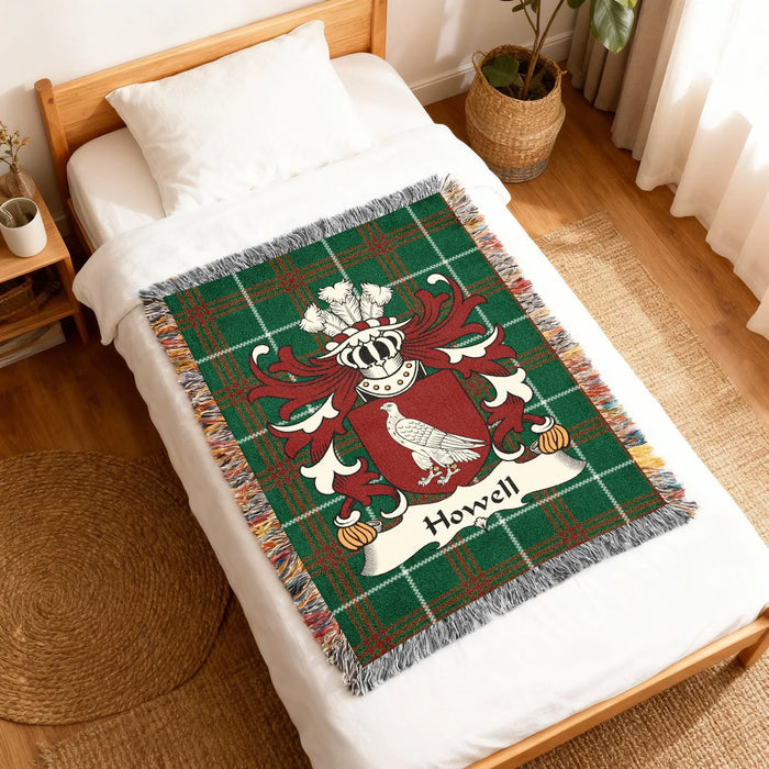 Howell Welsh surname woven cotton tartan blanket with crest-style emblem