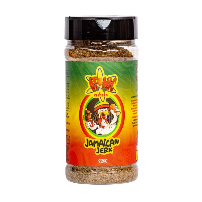 Atomic Chicken jamaican jerk rub container with white background showing the front of the label