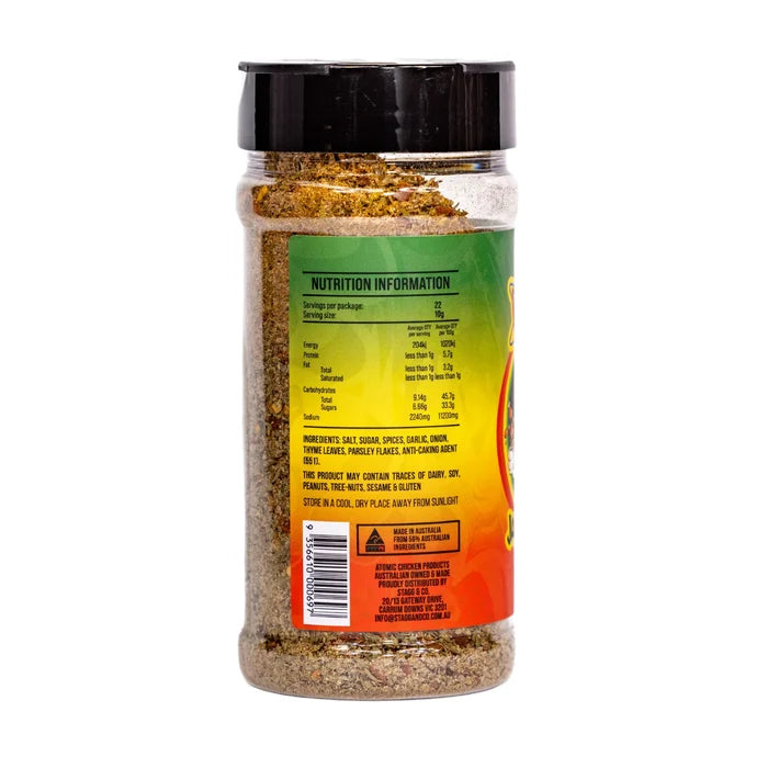 Atomic Chicken jamaican jerk rub container with white background showing the Ingredients of the label