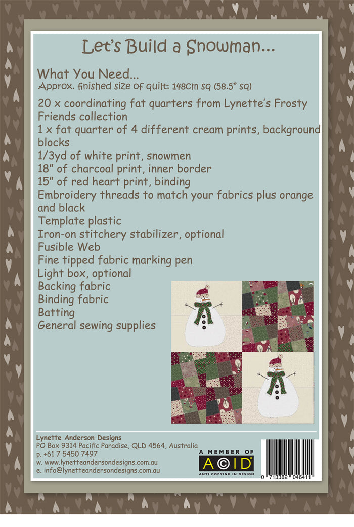 Let's Build a Snowman Quilt by Lynette Anderson Pattern Back